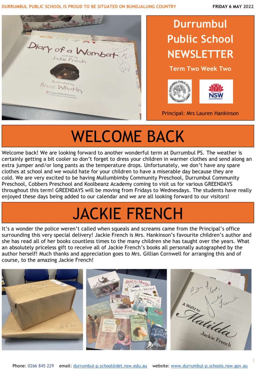 LaurenHnknsn's tweet photo. Thank you again ⁦@jackie_french_⁩ Simply amazing. We enjoy them every single day. 📖 ❤️ https://t.co/QzoXMacy4N #jackiefrench #sothankful #luckykids #veryhappyprincipal https://t.co/dfg60L4lwJ