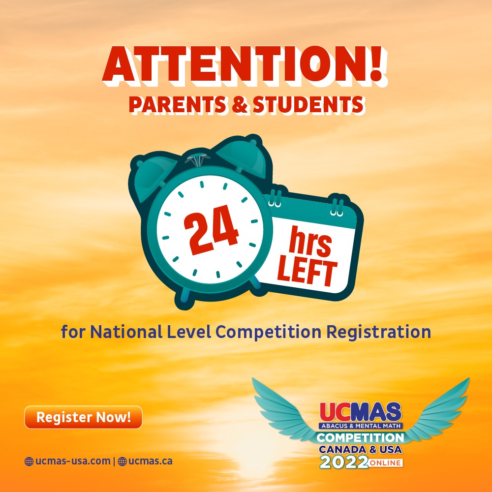 ATTENTION EVERYBODY the registration for America's Biggest Abacus Based Mental Math National Level Competition is closing in 24Hours. Hurry up and Register Now! Avail the wonderful benefits of the online competition!
#nationallevelcompetition #nlc2022 #ucmas #math #competition