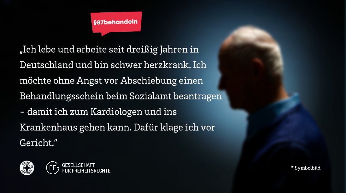 Gemeinsam mit einem Mann aus dem Kosovo klagen die Gesellschaft für <a href="/freiheitsrechte/">Freiheitsrechte.org - GFF</a> und Ärzte der Welt heute gegen die <a href="/Stadt_FFM/">Frankfurt am Main</a> auf Zugang zu Gesundheitsversorgung für Menschen ohne Papiere.  👇 aerztederwelt.org/presse-und-pub…

#87behandeln #gleichbehandeln