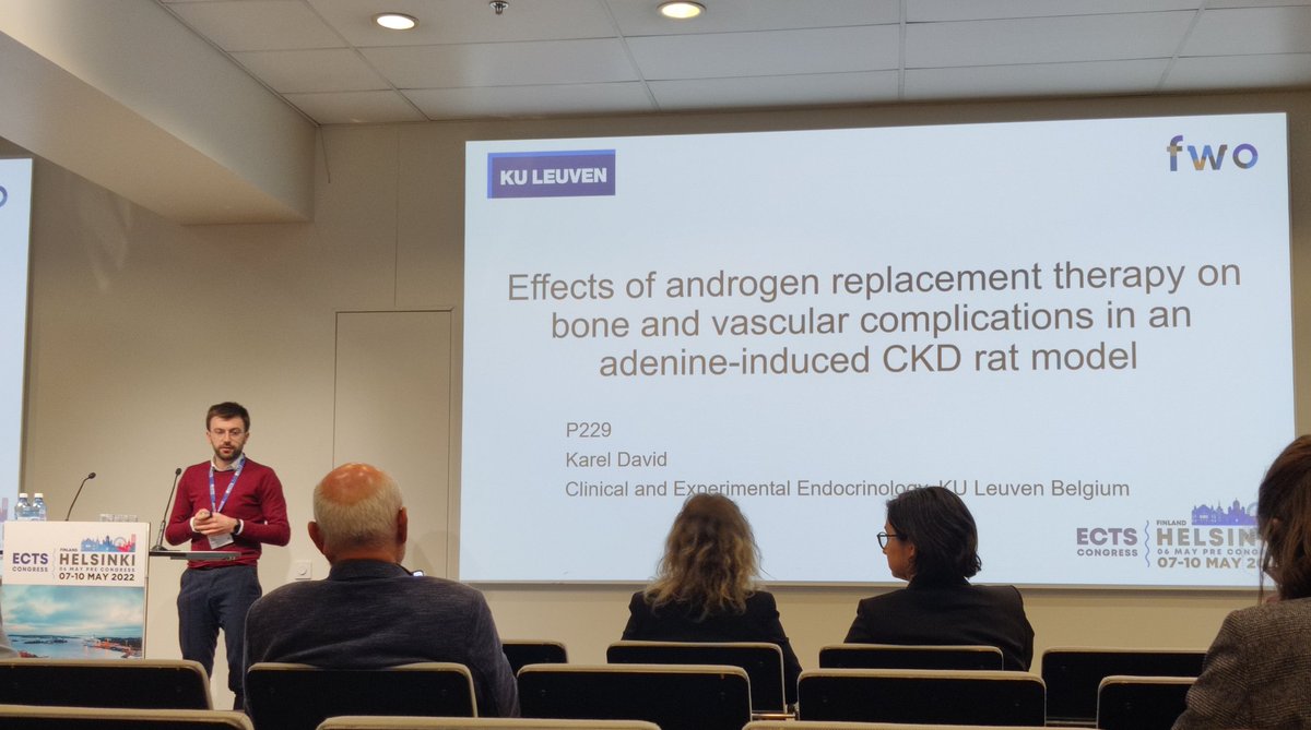 SLoopmans's tweet photo. Great presentation by @KarelDavid_  about the effects of #androgen replacement therapy on the #bone and #vascular fenotype in a #CKDMBD rat model! If you're still in Helsinki, quickly go check out his poster P229!! @ECTS_science #ECTS2022 https://t.co/K5WGw51VQy