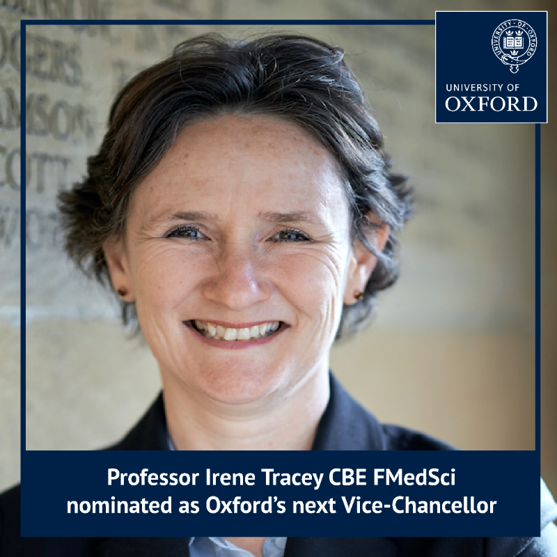 UniofOxford's tweet photo. We’re delighted to announce that Prof Irene Tracey has been nominated as Oxford’s next Vice-Chancellor. 

Prof Tracey is currently Warden of @MertonCollege and is a renowned neuroscientist known for her work on pain and the brain.

Read more ⬇️