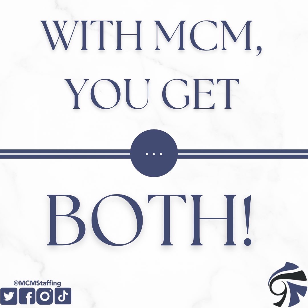 No need to choose. At MCM, you get it all. Good pay, benefits that you need, dedicated help, options and more! 

#mcmstaffing #workformcm #hiring #applynow #jobswithbenefits #flexiblework #jobsearch #goodpayingjobs #jobsnearme #mi #fl #dc #mi #tx #md #ky #tn #staffing #recruiter