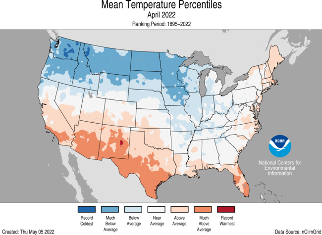 NOAA's tweet photo. (1 of 6) JUST IN: April was an active month for tornadoes, wildfires and late-season winter weather.

#April 2022 temp was in the middle third of the 128-year record for the U.S.

More from the April #StateOfClimate Report: https://t.co/BMgW1qfPWM

@NOAANCEI #Climate https://t.co/wSxo3vPyel