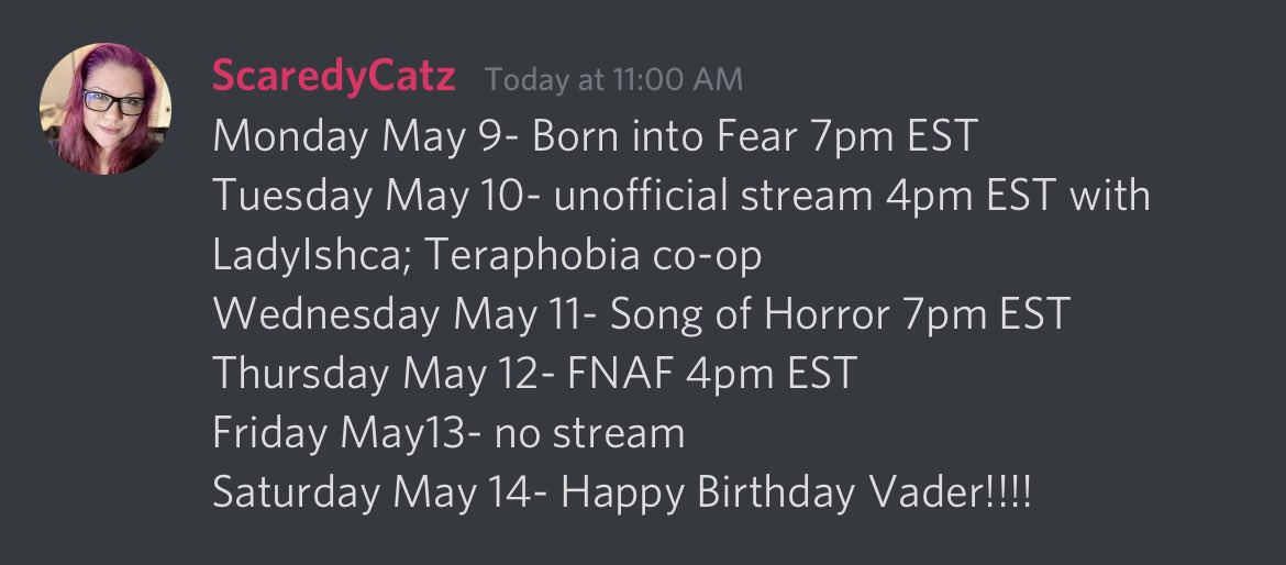 Scaredy_Catz's tweet photo. Weekly schedule! Lots planned!! Born into Fear tonight, collab with the lovely @LadyIshca tomorrow, song of horror and FNAF! @Illumix @JustSauceStudio @teraphobia @FNAFAROfficial @Protocol_Games #twitchaffiliate #gamergirl #horrorstreamer #horror #twitchgirl #SupportSmallStreams https://t.co/CL0KedS3Wm