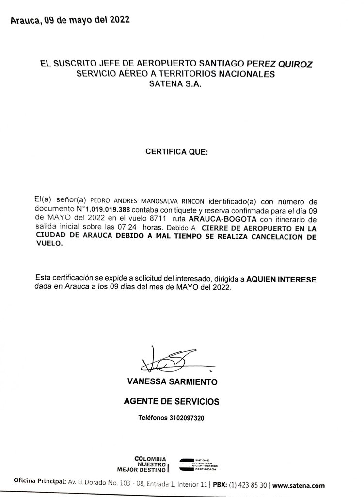 Pedromanosalvar's tweet photo. Nuevamente @AerolineaSatena cancela el vuelo por mal tiempo y en hora similar @EasyflyVuelos sale de Bogotá llega a #Arauca y le cumple a los Araucanos y visitantes de nuestra región. @AerocivilCol Respuesta: Si tienen cita médica viajan hoy sino esperemos a ver que cupos hay. https://t.co/F8HbtyvRlM