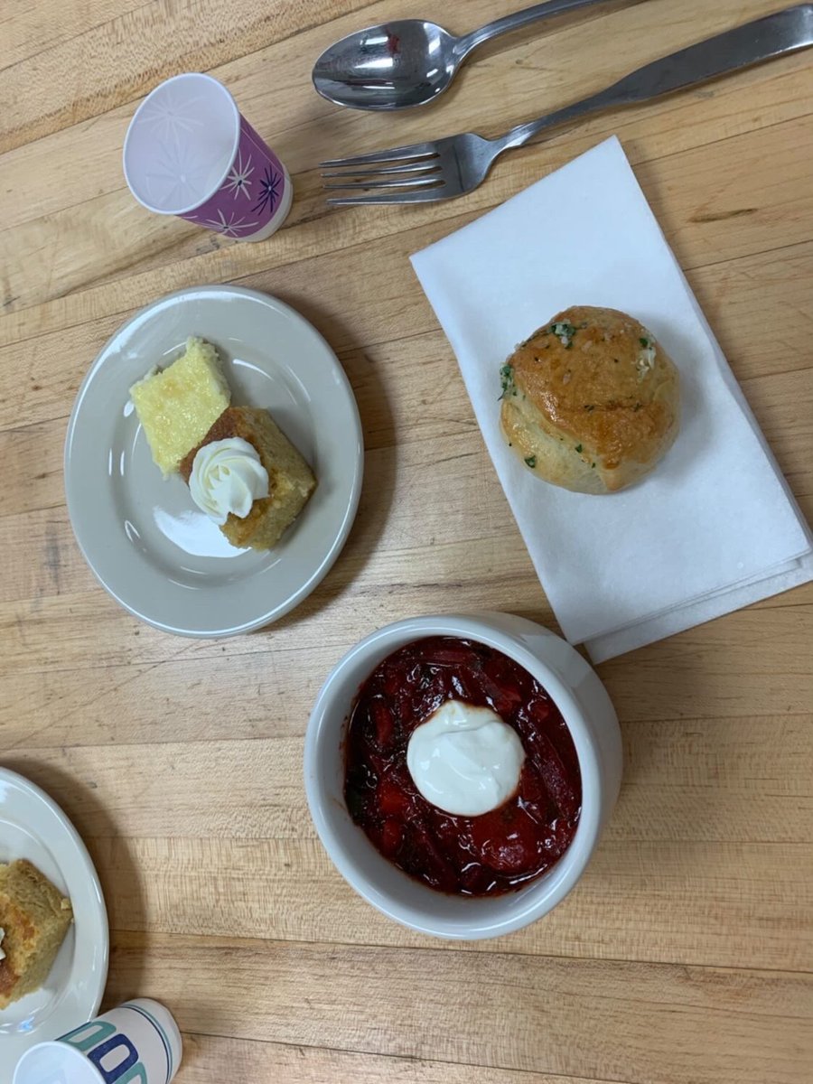 ChefChonko's tweet photo. Ukranian Day was a huge success!! First course: Borscht and Pampushky, Second Course: Potato Perogies with Keilbasa and Onions, Third Course: Spiced Beef and Rice Pirozhki, Dessert  Course: Syrnk and Honey Babka #ctcbakinglove https://t.co/sdl0tWSf4u