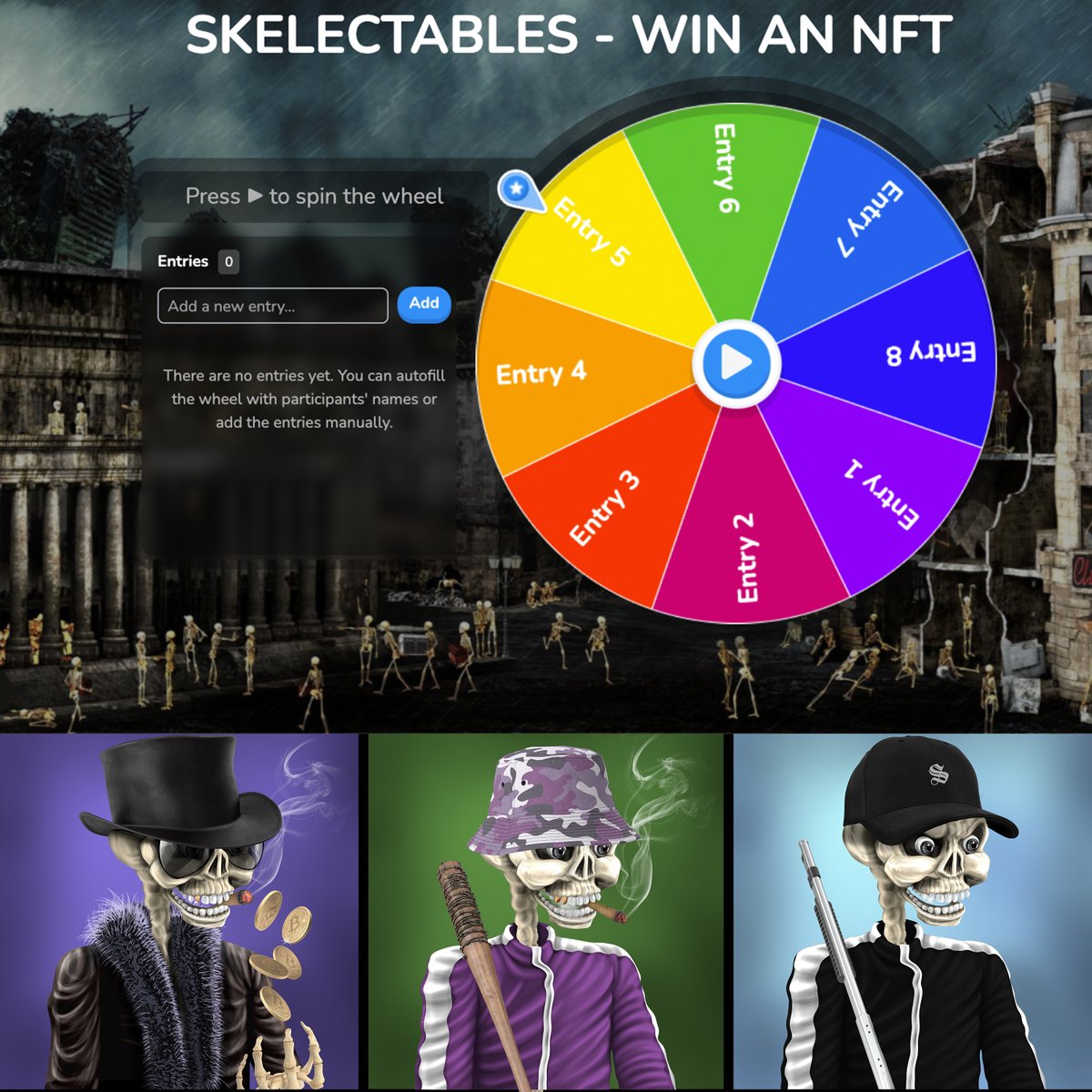 skelectables's tweet image. 😮😮 We are showing what community means to us.

1⃣ Like / Follow @skelectables 
2⃣ Share This Post
3⃣ Comment "WIN" 

If chosen we will allocate you a number and spin the wheel of fortune to see who wins a Skele "High Earner" NFT
Good luck.
#WINWIN #NFTGiveaway #NFTMint #NFTdrop