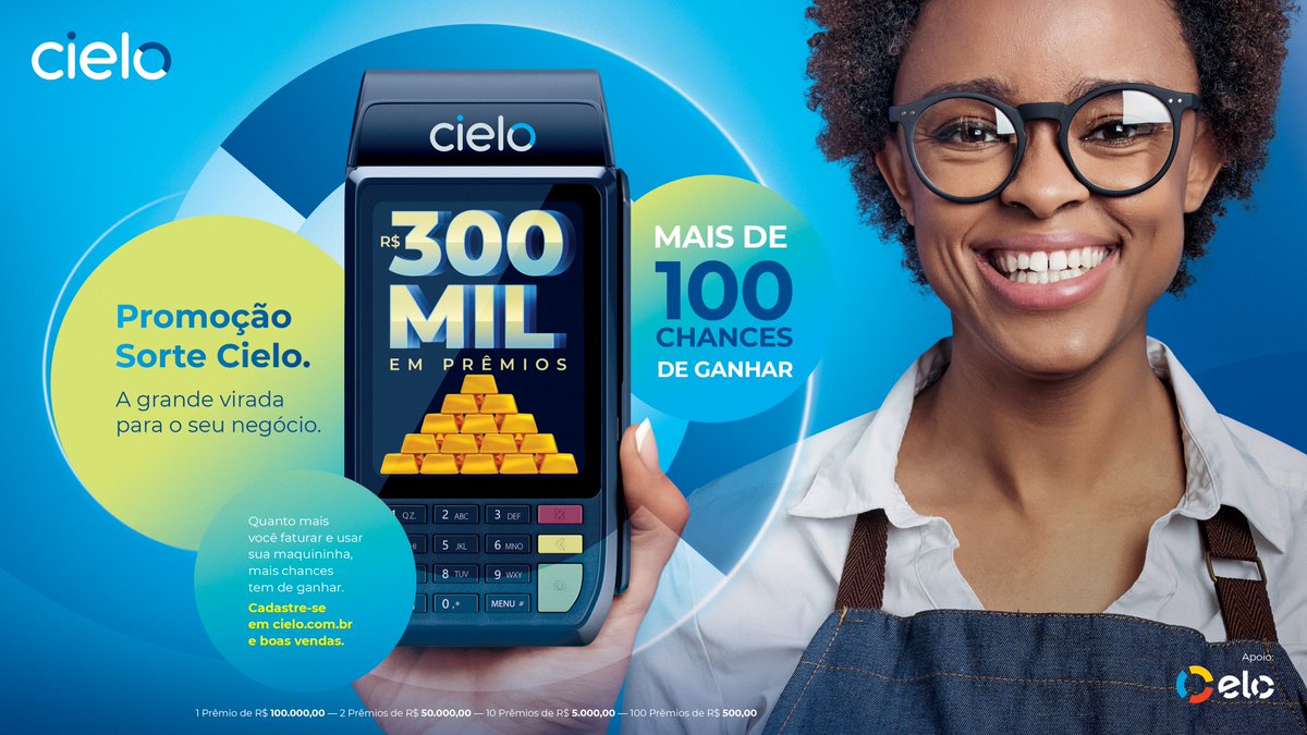 Participe da Promoção da Sorte Cielo e concorra até R$ 300 MIL reais em prêmios. 🍀💙

Saiba como participar e confira regulamento em cielo.com.br