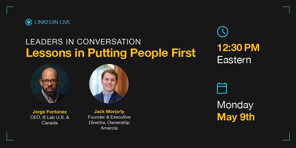 Join us TODAY at 12:30 on LinkedIn Live for a conversation with <a href="/CuriousJLuis/">Jorge Luis Fontanez (he/él)</a>, CEO of <a href="/bcorpuscan/">B Corp U.S. & Canada</a>   and <a href="/JMoriarty14/">Jack Moriarty</a> on how employee ownership is part of the business toolkit to #PutPeopleFirst