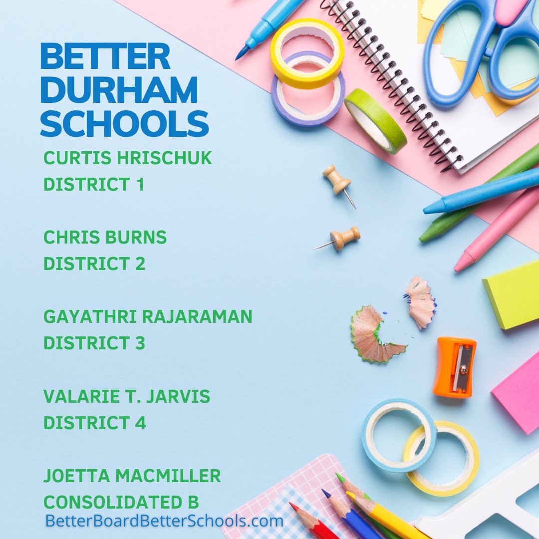 BetterDPS's tweet photo. Polls are open! 
Find yours here: https://t.co/hv7iQkNseR

🗳 VOTE for BETTER DURHAM SCHOOLS!
📣 Curtis HRISCHUK - District 1
📣 Chris BURNS - District 2
📣 Gaya RAJARAMAN - District 3
📣 Valarie JARVIS - District 4 
📣 Joetta MacMILLER - Consolidated B
#ncpol #durhamnc https://t.co/c201jOtYF6