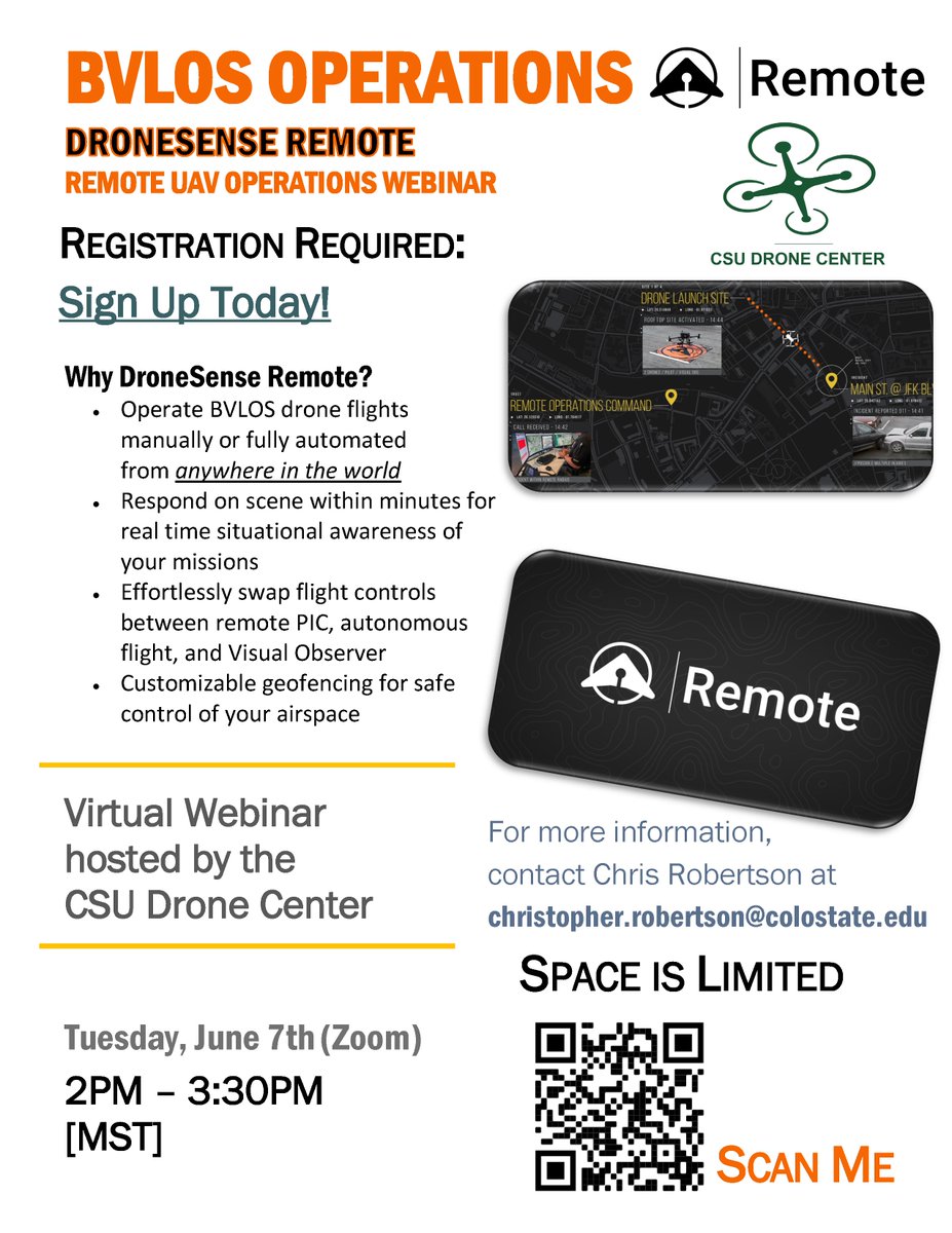 DroneSense's tweet photo. Join us and our friends at CSU Drone Center for an informative webinar on BVLOS operations using our new product DroneSense Remote. The event will talk place June 7th via Zoom and space is limited so get registered now!
#dronesenseplatform #dronesforgood #dronesenseremote #bvlos https://t.co/8L2lPeQL5v