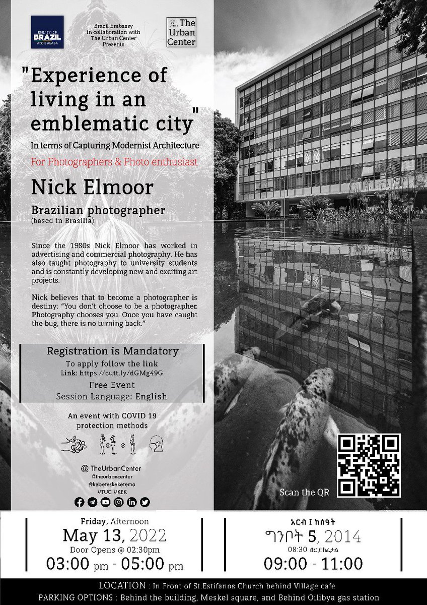 "Experience of living in an emblematic city" In terms of #Capturing #ModernArchitecture
For #Photographers &amp; #Photoenthusiast

Presentation by Nick Elmoor - Brazilian Photographer

Registration is Mandatory
To apply: cutt.ly/dGMg49G

Friday,
May 13, 2022
03:00 pm-05:00 pm