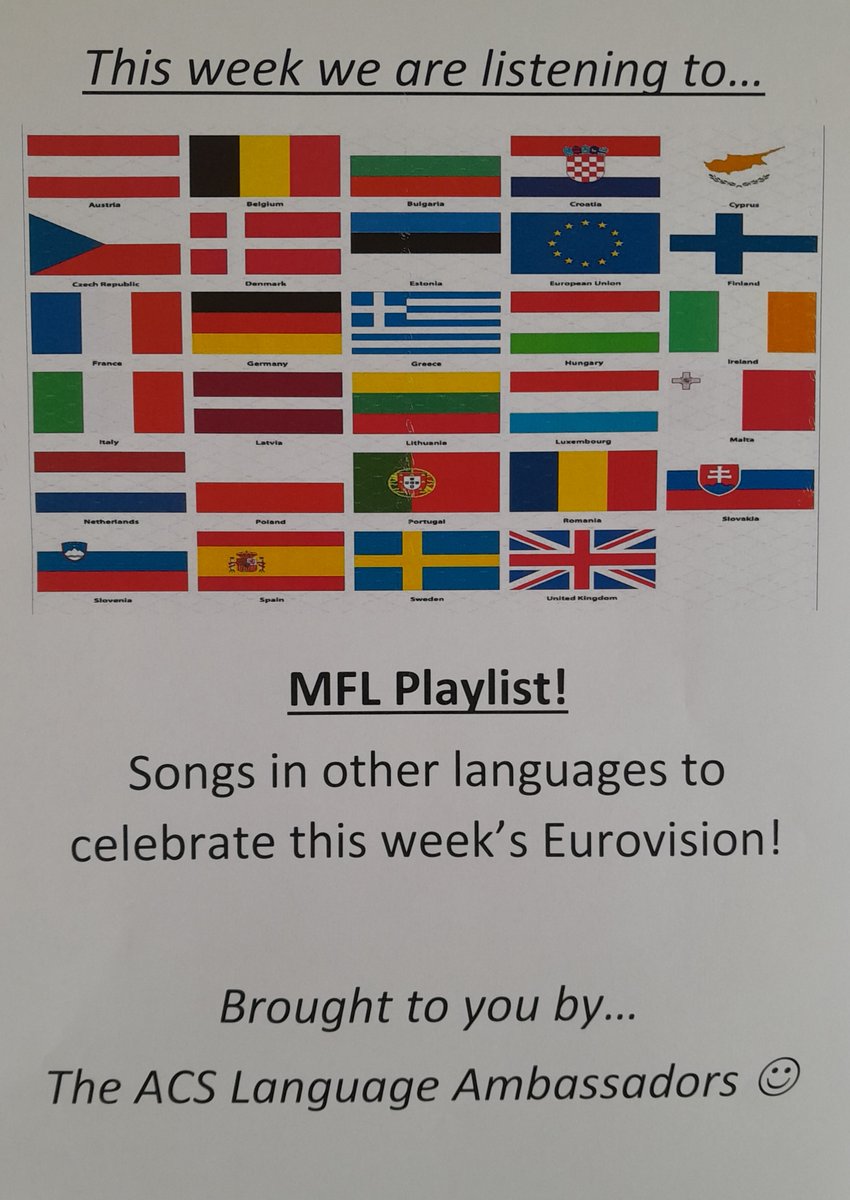 MFLACS's tweet photo. We've made this week's @AbbeywoodSchool playlist! Listen out for some absolute tunes 🎶 down in the atrium. #Eurovision2022 #Turin #UK4thewin #Languages https://t.co/VXSworelZy