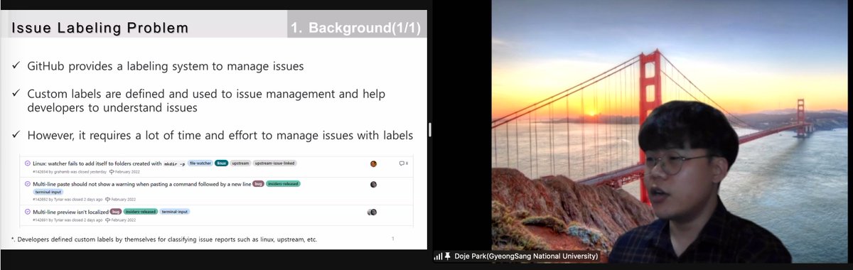 BoatSEWorkshop's tweet photo. Now Doje Park is presenting the result of their study "Classifying Issues into Custom Labels in GitBot"
#ICSE2022 #BotSE22 https://t.co/9CwSmjWvyD