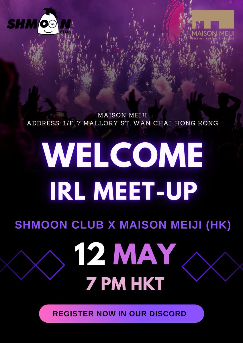 ShmoonClub's tweet photo. #shmoo #NFTs holders, please don't forget about our first ever meet-up event ! Register now !
Venue : Maison Meiji
Address : 1/F, 7 Mallory St, Wan Chai, Hong Kong
Date : 12 May 2022
Time : 7:00 pm til C.O.B (close of business)
@_soulshift @DDROPgg #shmoon https://t.co/pei2zBqCTv