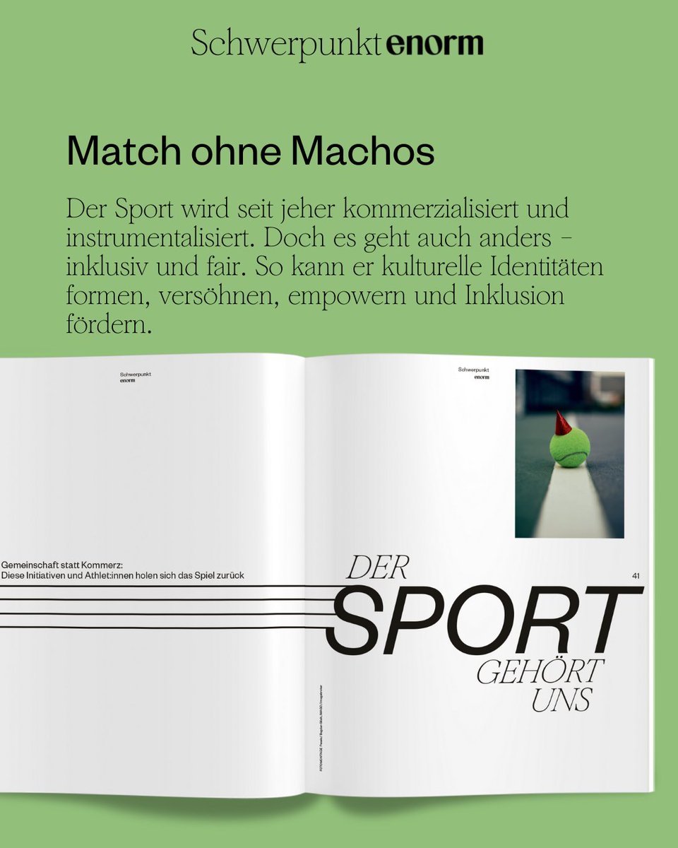 goodimpact_eu's tweet photo. Wir können den Sport und das Gewinnen einfach neu erfinden. Wie das geht? Initiativen und Athlet:innen machen es vor – darum geht es im Schwerpunkt der neuen enorm.⁠
⁠
Viel Spaß beim Lesen!⁠
⁠
#enormMagazin #zukunftliestenorm #neuesheft #sport https://t.co/ddkU6Pnntx
