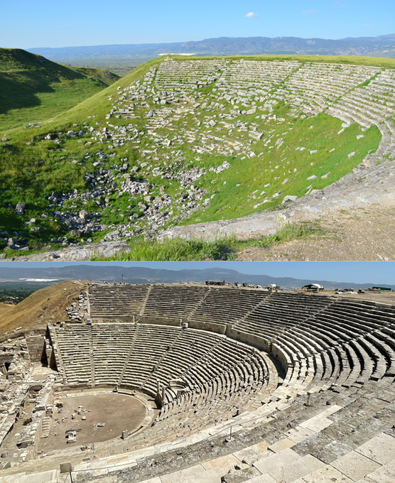 Rainmaker1973's tweet photo. Restoration works on the 2,200-year-old theater in the ancient city of Laodicea, a largely unknown archaeological site before 2003, located in western Denizli province, Turkey, have been completed. This is a before &amp; after overview [read more: https://t.co/KsjSsjgHxm] https://t.co/6mwzaG7B6U