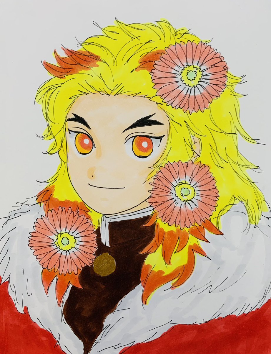 rengoku kyoujurou 1boy solo male focus blonde hair flower smile forked eyebrows  illustration images