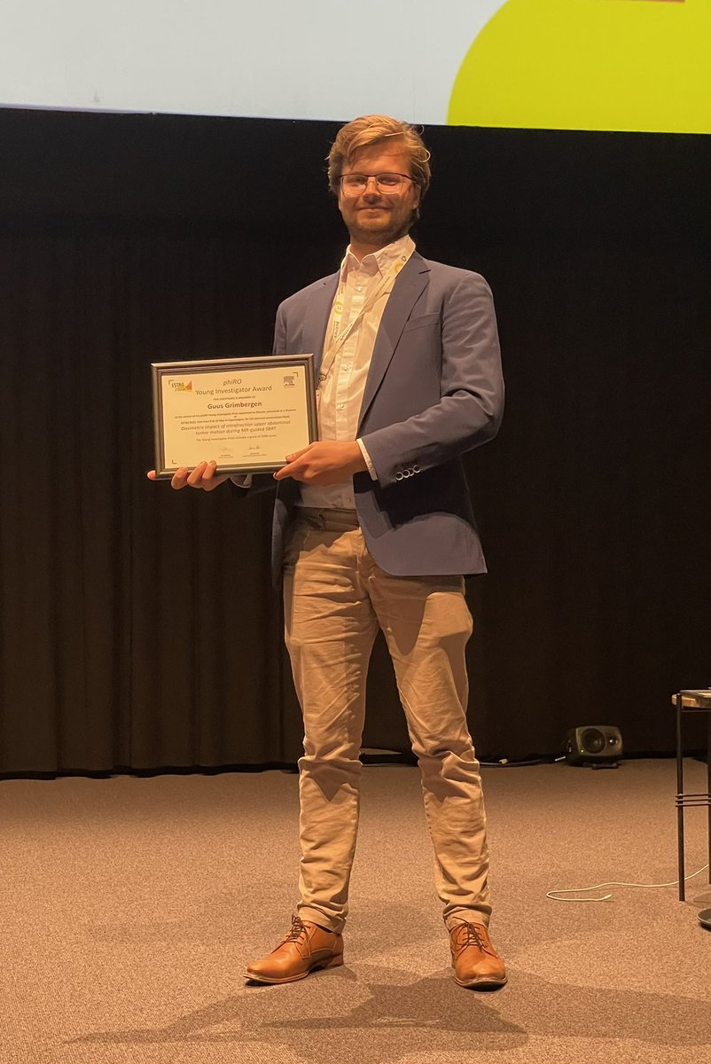 The phiRO Young Investigator Award at #ESTRO2022 to Guus Grimbergen from UMC Utrecht! 

Dosimetric impact of intrafraction upper abdominal tumor motion during MR-guided SBRT. 

Congratulations! 👏🏻👏🏻