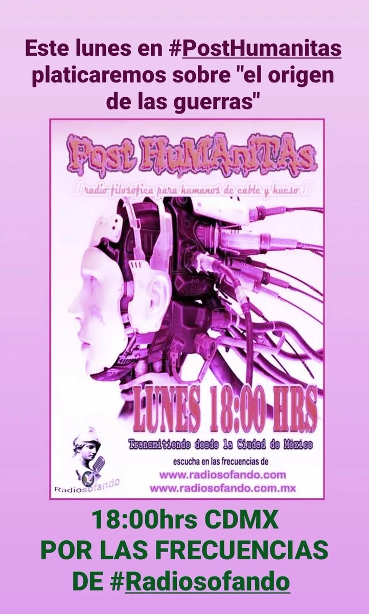 kenderi's tweet photo. Este lunes platicaremos sobre "La Guerra y sus Orígenes".
Acompañaremos nuestras reflexiones con música de METAL.
Nos escuchamos a la 18:00 horas, tiempo de la CDMX.
Sintoniza en https://t.co/rGpZFfyOor
Con Eras Kender
#PostHuMAniTas #radiofilosofica #radiosofando #filosofia https://t.co/kOlBNvWgs0