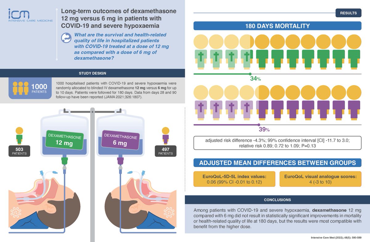 💉Dexamethasone 12 vs 6 mg in #COVID19 pts with severe hypoxaemia, COVID STEROID 2 trial: NO significant improvement in mortality or HRQoL but results most compatible with benefit from ⬆️dose.
Full results #FOAMcc #COVIDFOAM  @yourICM 
📎 rdcu.be/cKsnT
⬇️Visual abstract