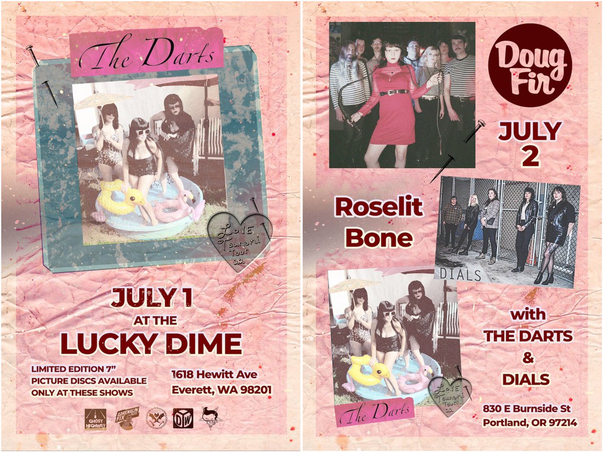 thedartsUS's tweet photo. New shows announced! Go to our Songkick and Bandsintown pages for the full #lovetsunami summer tour schedule! #roselitbone #dougfirlounge #portland #everett #luckydime #pnw #thedartsus #alternativetentaclesrecords #picturedisc #lovetsunamitour2022 #adrenalinfixmusic https://t.co/jkEUqRR2n1