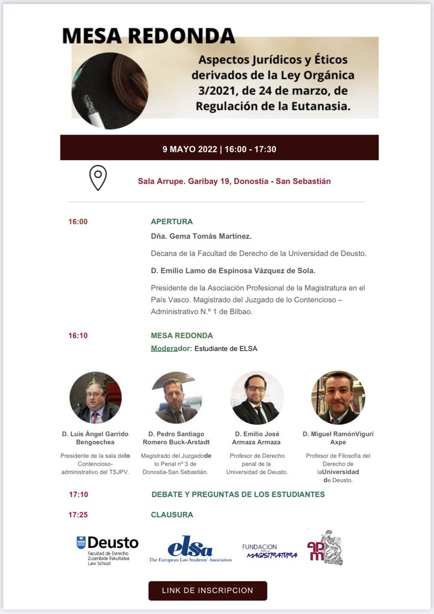 juecesAPM's tweet photo. Hoy, mesa redonda sobre aspectos jurídicos y éticos derivados de la LO 3/21 de Regulación de la Eutanasia https://t.co/O4snAv48BL