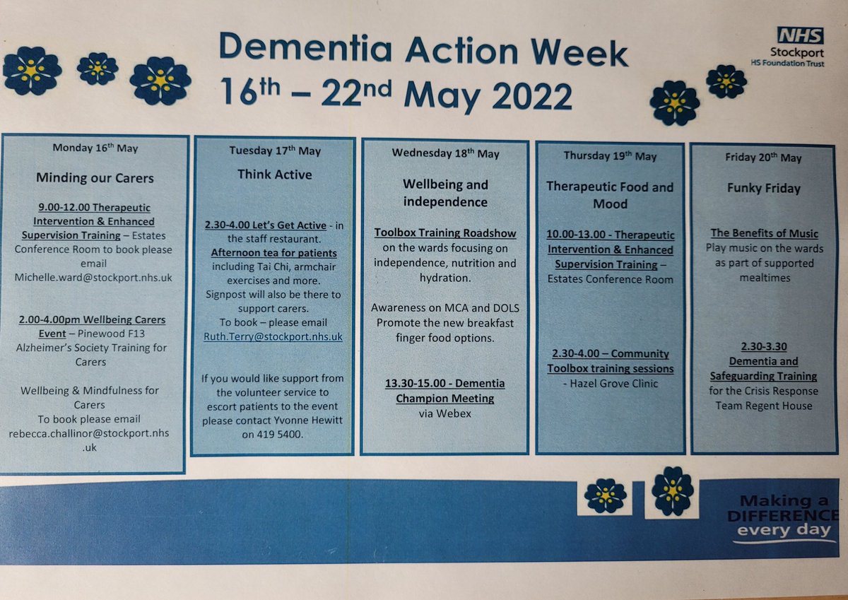 Dementia Action Wk starts on 16th May. There are a variety of events & training available for people living with dementia, carers & staff #DAW2022 @StockportNHS @alzheimerssoc @Signpost_Stock @SupportSft @ED_SteppingHill @LearningDevelo5 @AMUSHH2 @stockport_surg @tomparkerevans