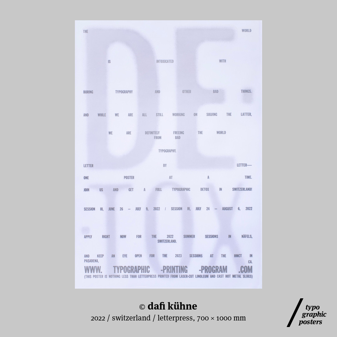 tgposters's tweet photo. Poster for typographic-printing-program from @DafiKuehne .
This poster has been letterpress printed back (white) and front (silver) on transparent paper. https://t.co/ZsA7Hz9Vxy