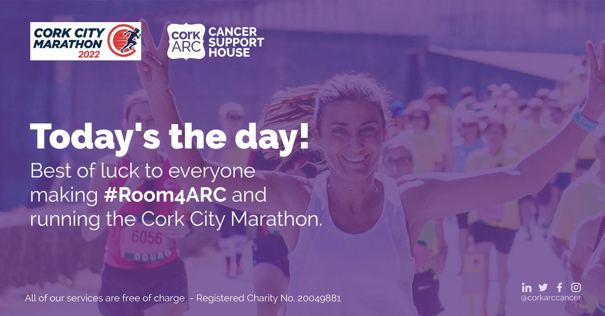 CorkARCcancer's tweet photo. Today’s the day!

Wishing the very best of luck to everyone taking part in the Cork City Marathon today, and a very special thanks to everyone who will #Run4ARC! 

Your support means that we can continue to support cancer patients &amp; their families - free of charge.

#Room4ARC https://t.co/vS84KjPVbn