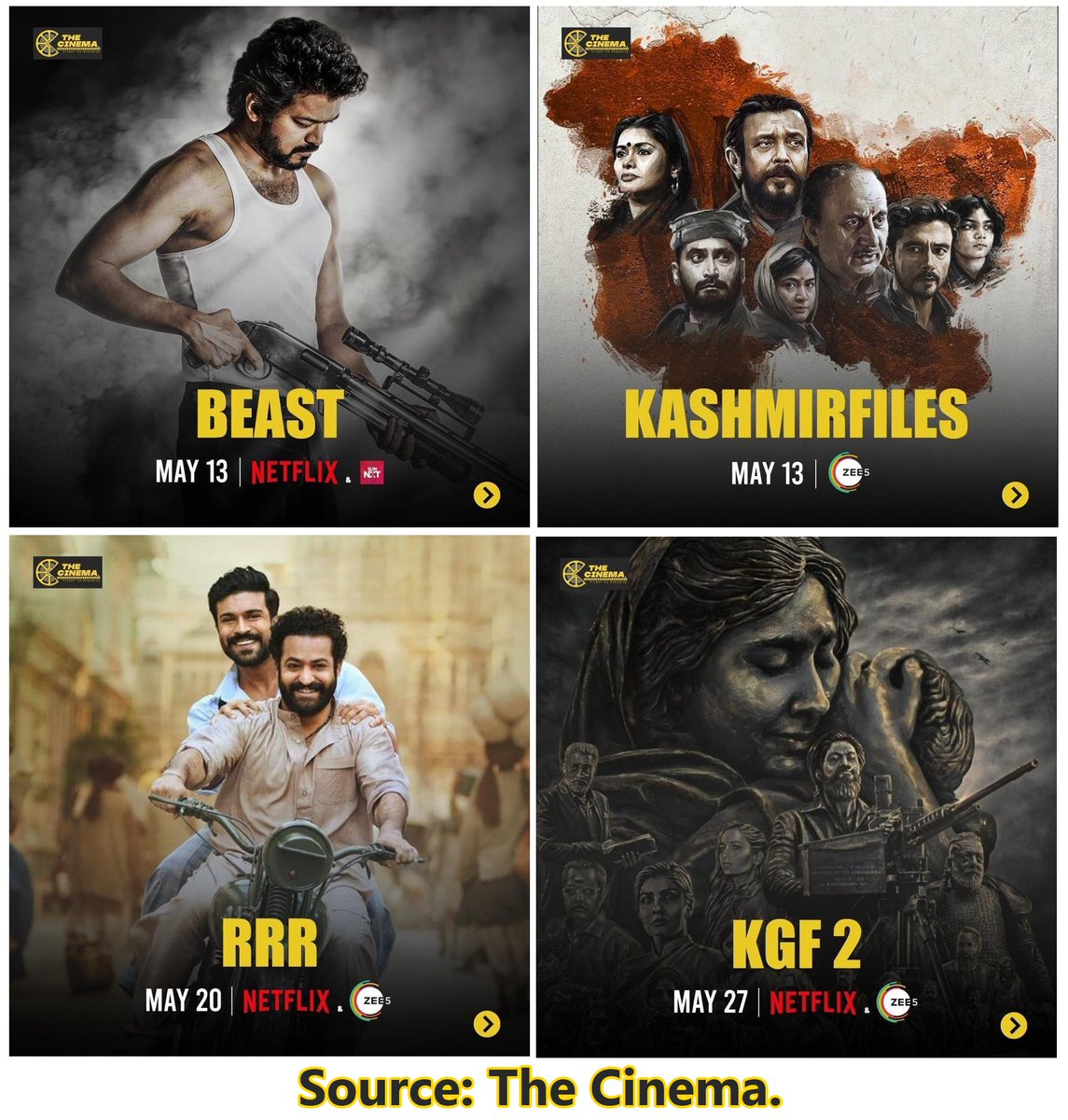 NyraUsa's tweet photo. #FilmyWorld: The latest Indian Cinema Blockbusters are finally set to be released on our favorite OTT platforms. ✨
It's your filmy update from Radio Nyra to stream the whistle-worthy movies #RRR, #KGF2, #Beast, and the historical release, #TheKashmirFiles on #Netflix and #Zee5. https://t.co/xnnXphrrNc