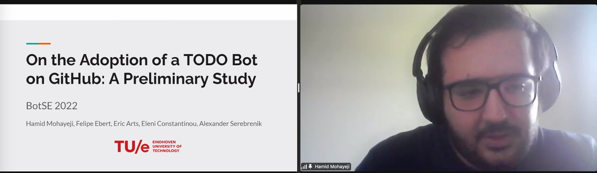 BoatSEWorkshop's tweet photo. Presentation of the result of the study "On the Adoption of a TODO Bot on GitHub: A Preliminary Study" by @hamid_mohayeji at #BotSE22
#ICSE2022 https://t.co/Bt2IYfOetR
