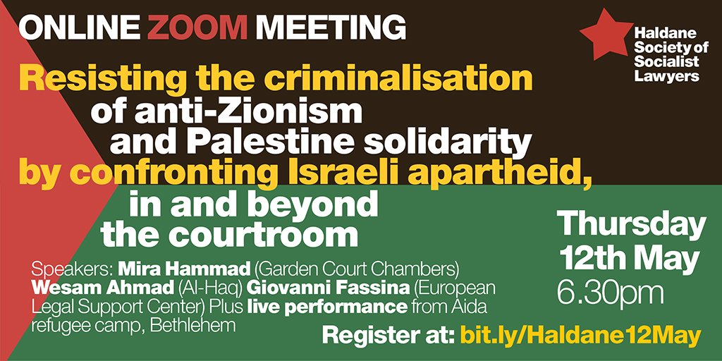 SocialistLawyer's tweet image. Join us for an important discussion on Thursday 12 May chaired by @FranckMagennis with @MiraHammad10 of @gcnchambers Wesam Ahmad of @alhaq_org &amp;amp; Giovanni Fassins of @elsclegal. 

Special live performance from Aida refugee camp in Bethlehem.

Register: bit.ly/Haldane12May