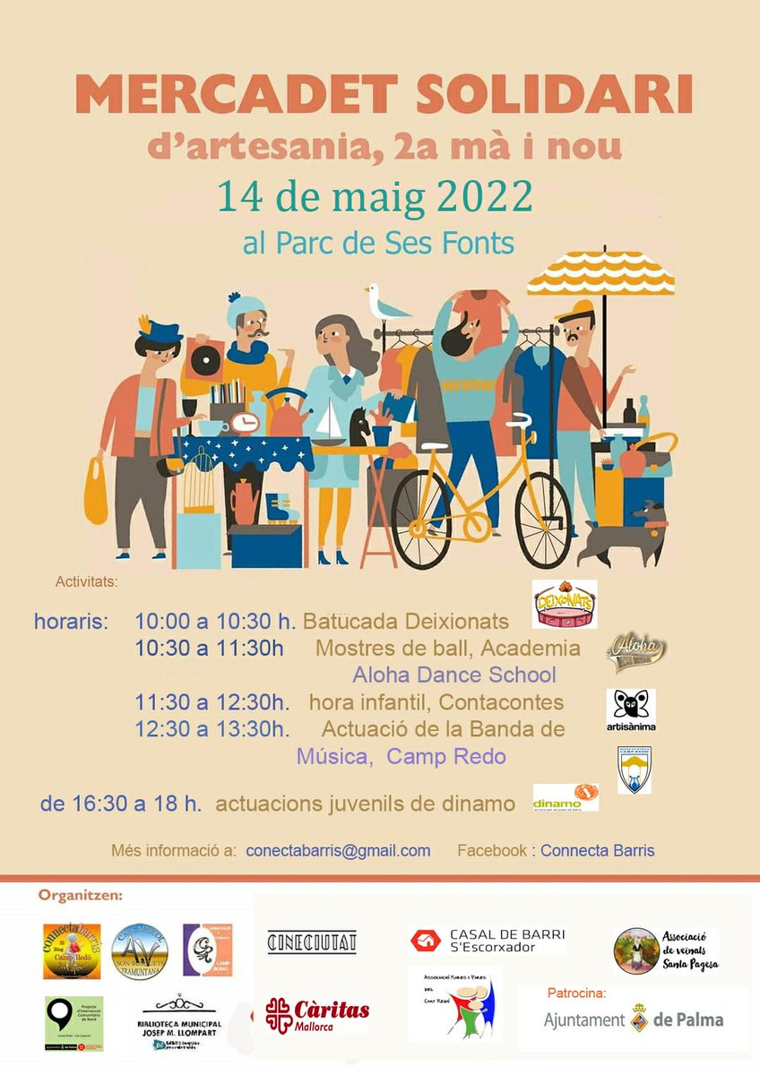 😃 Aquest dissabte 14 de maig tornem a participar a una nova edició del mercadet solidari de Conectabarris.

📍Serà al Parc de Ses Fonts de les 10 a 18 h.

🎊 Hi haura moltes activitats i paredetes.