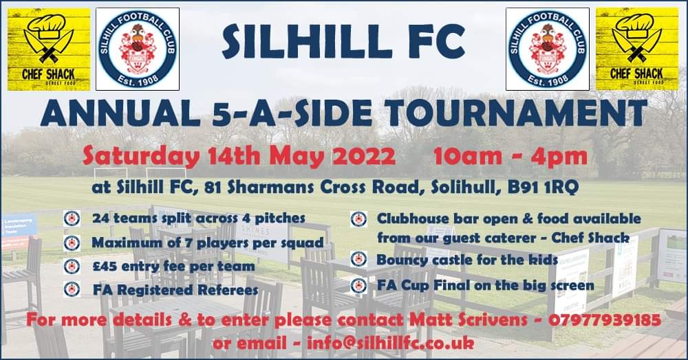 Still a couple of places left in this year's tournament at the weekend.
Guest caterers - Chef Shack - will be on site and the cub bar will be open during the day and for the FA Cup Final later. 
To enter your team contact Matt Scrivens on 07977939185
