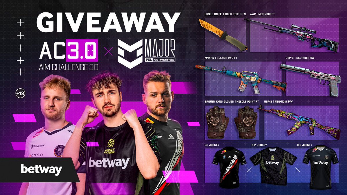 BetwayCSGO's tweet photo. 𝗔𝗜𝗠 𝗖𝗛𝗔𝗟𝗟𝗘𝗡𝗚𝗘 𝟯.𝟬 𝘅 𝗠𝗔𝗝𝗢𝗥 𝗚𝗜𝗩𝗘𝗔𝗪𝗔𝗬! 🎯

To celebrate Aim Challenge 3.0 and the Major, we are giving you the chance to win some QUALITY CS:GO SKINS and team jerseys! 🎽🧤

#BetwayAimChallenge

18+ | Enter here: https://t.co/KsgYgrZ5eR https://t.co/RodlhLYgQN