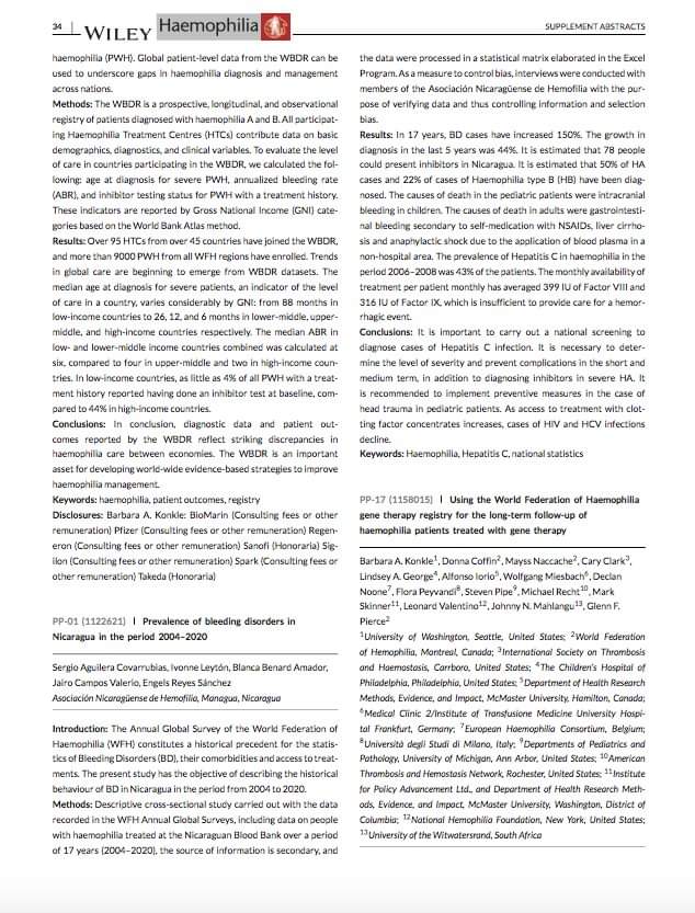 Proud of our scientific committee of the <a href="/HemofiliaNica/">Hemofilia Nicaragua</a> and their research accepted in the <a href="/haemophilia_jnl/">Haemophilia Journal</a> 
#Nicaragua #WFH2022 #WFHCongress2022 pic.x.com/S6j3dfWVGR