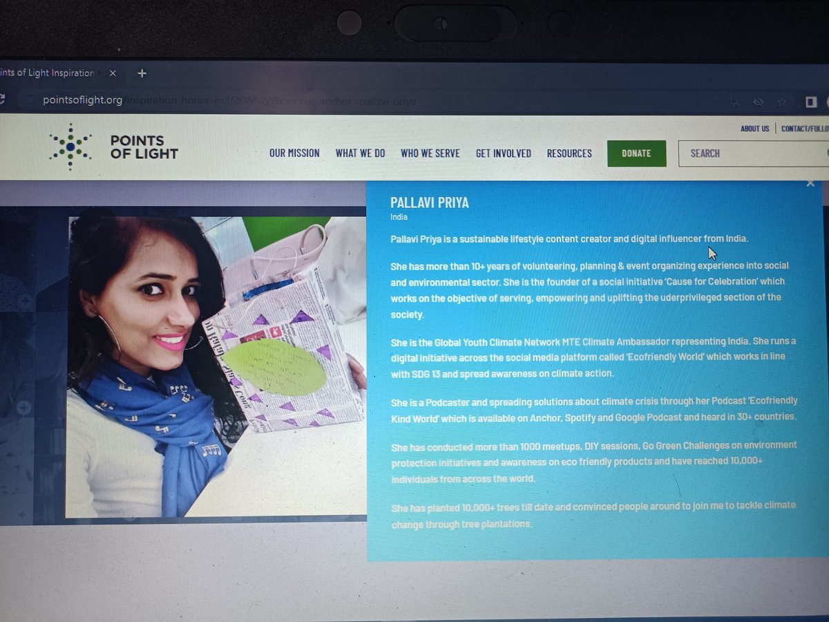 pallavipriya_'s tweet photo. I’m honored to be featured on the @PointsofLight Inspiration Honor Roll, celebrating individuals that have inspired us throughout the year and have demonstrated a commitment to create change. 
#ClimateAction
#KindnessMatters
https://t.co/KB9a5aHunM https://t.co/8LVlkdaNWe
