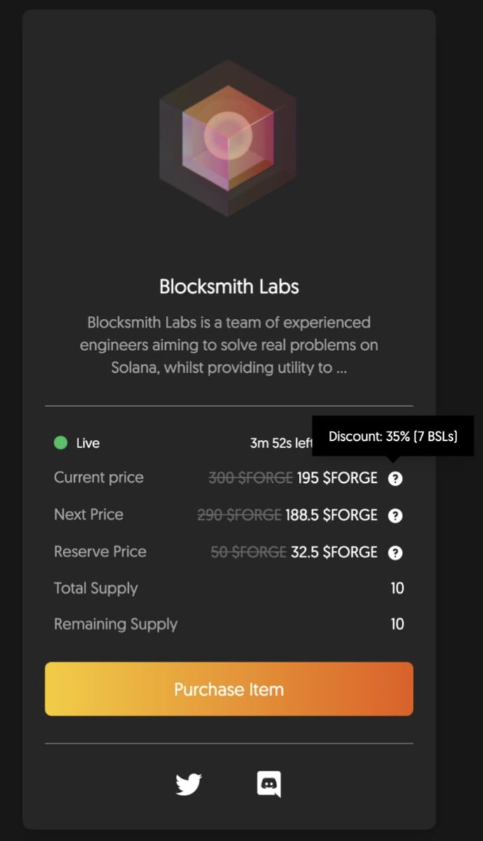 Mercury discount system for our holders is now live on the $FORGE store.

Holders will now benefit with a 5% discount per BSL NFT that they hold, capped at 35% (7 NFTs).

Make sure you’re in our discord with your Matrica account linked with BSL NFTs.

#bearmarketisforbuilding ⚒️