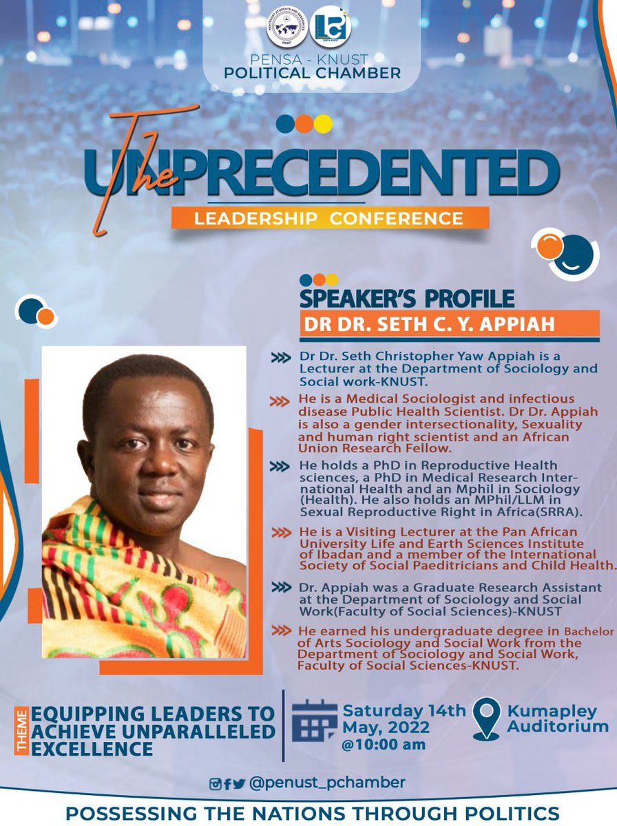 PENUST_PChamber's tweet photo. SPEAKER’S PROFILE 

 One of our speakers to speak at The UNPRECEDENTED Leadership Conference is DR. DR. CHRISTOPHER SETH YAW APPIAH 

Dr. Dr. Seth Christopher is a lecturer at the Department of Sociology and Social Work, KNUST. https://t.co/yhliK7coju