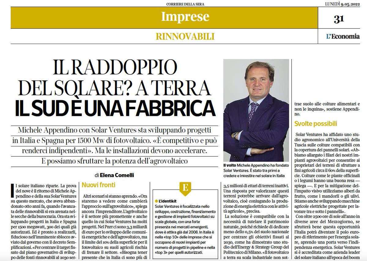 elencomelli's tweet photo. Il solare riparte dalla terra.
L'Italia potrebbe diventare un polo europeo
per il #fotovoltaico sposato all'#agricoltura,
ma procede troppo lentamente
e rischia di essere superata dalla Spagna.
Appendino di #SolarVentures a @L_Economia https://t.co/fvhhQnA256