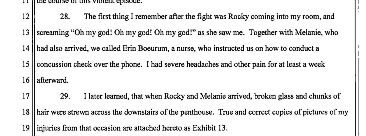LauraBockov's tweet photo. Amber Heard stated in current testimony for Dec 15 she was unconscious until she heard Rocky yell

Rocky said Amber asked her to come over

In her declaration 4/11/19 she states Melanie was there too 

There are no notes by her nurse, Erin of any phone call on concussion check https://t.co/amqlUcrqq7