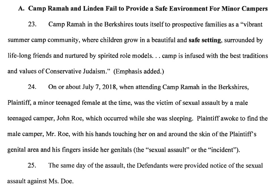 HareianiBlog's tweet photo. .@RabbiLinden @RamahBerkshires and @NationalRamah sued for alleged coverup of sexual assault of a camper at Ramah Berkshires in '18. Notable quote from complaint allegedly from Linden re assailant: "I don't really think this is that big of a deal, he  is just a horny little boy.” https://t.co/i2CFubGoPQ