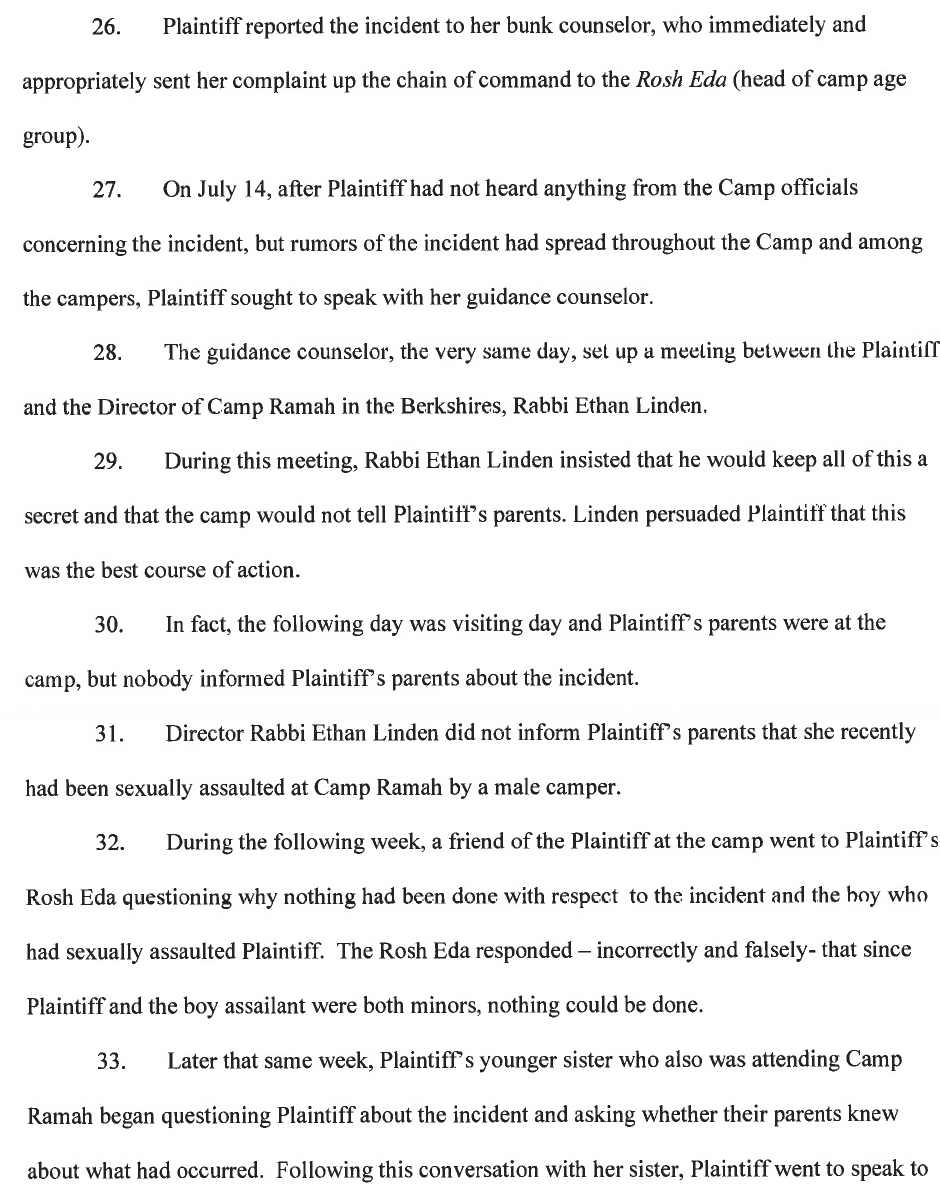 HareianiBlog's tweet photo. .@RabbiLinden @RamahBerkshires and @NationalRamah sued for alleged coverup of sexual assault of a camper at Ramah Berkshires in '18. Notable quote from complaint allegedly from Linden re assailant: "I don't really think this is that big of a deal, he  is just a horny little boy.” https://t.co/i2CFubGoPQ