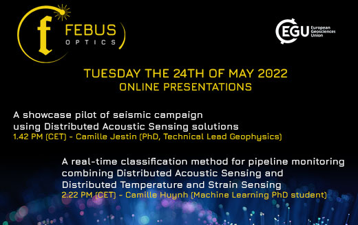 FebusOptics's tweet photo. #FEBUSOptics is glad to announce that Camille Jestin and Camille Huynh will perform two presentations during the #EGU General Assembly 2022
A showcase pilot of seismic campaign using #DAS solutions
A real-time classification method for pipeline monitoring combining DAS and #DTSS https://t.co/4AHmA7GNeK