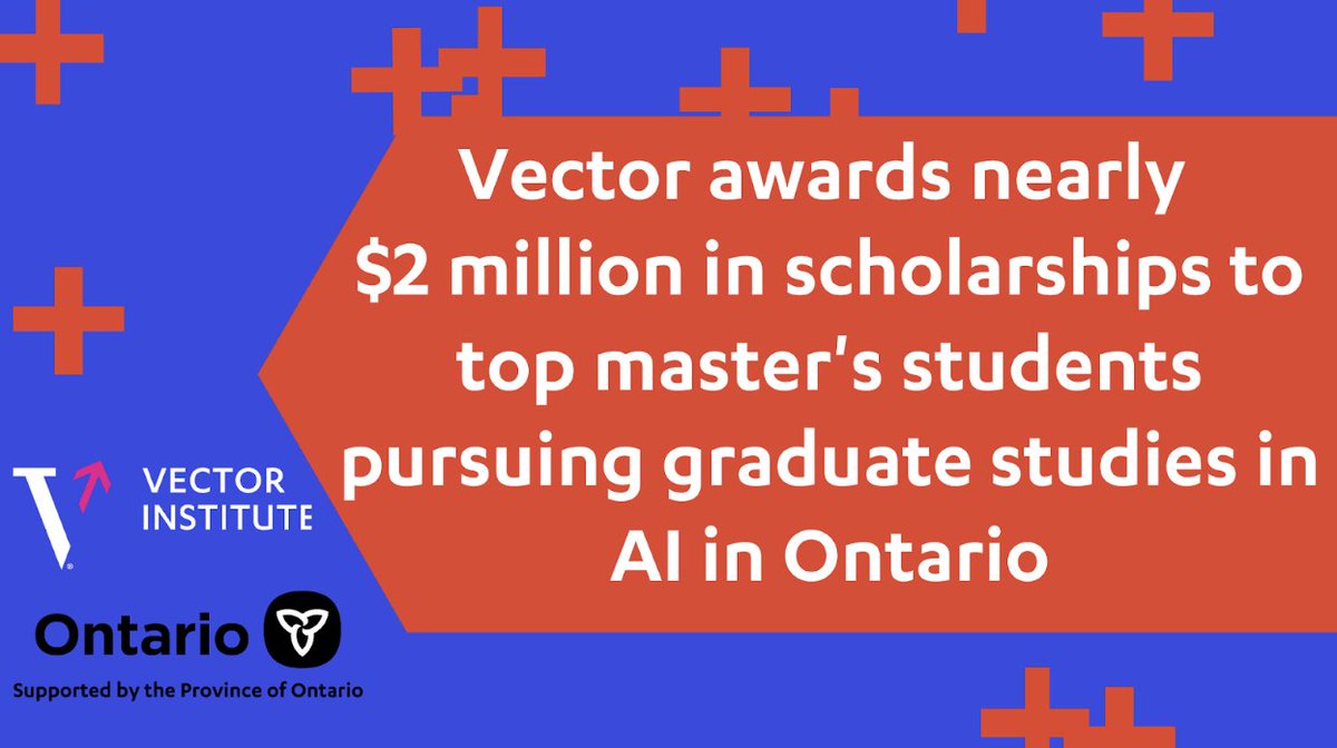 VectorInst's tweet photo. Congratulations to the newest cohort of Vector Scholarship in Artificial Intelligence (VSAI) recipients for 2022! VSAI recognizes top candidates pursuing AI-related master’s programs  in  Ontario. To read more click here: https://t.co/i1brmwWRP9

#scholarship #ai https://t.co/oF2WQG0XDR
