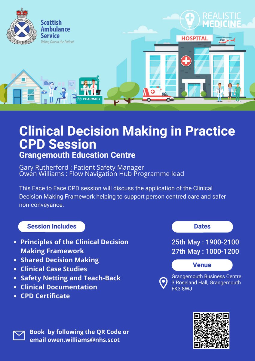 Me and ⁦⁦@garyrutherford2⁩ are delivering more local CPD sessions. We’ll be face to face in Grangemouth to discuss clinical decision making particularly in the context of ‘non-conveyance’.