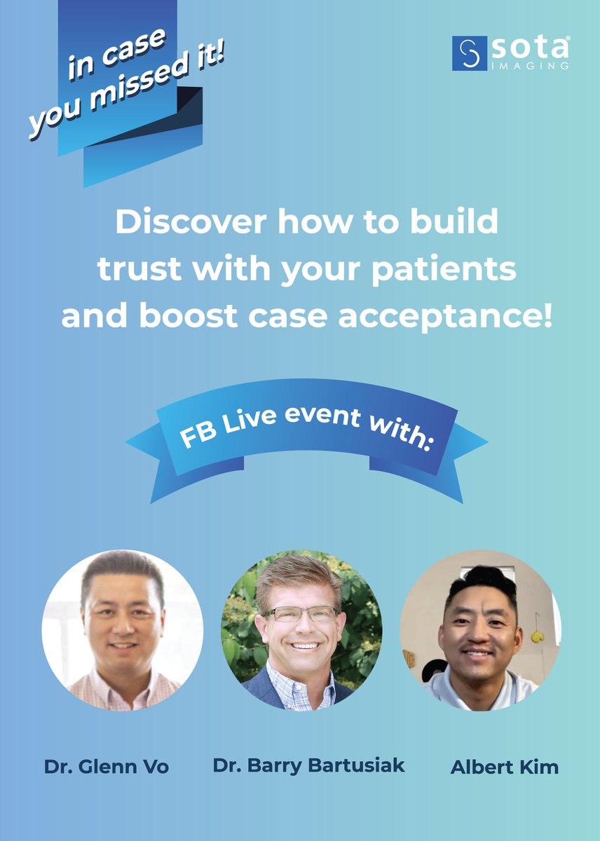In case you missed it! SOTA Imaging's VP of Sales and Marketing, Albert Kim, speaks with Dr. Glenn Vo and Dr. Barry Bartusiak about how to build trust with your patients and boost case acceptance. 
Check out the webinar @ facebook.com/glenn.vo.5/vid…