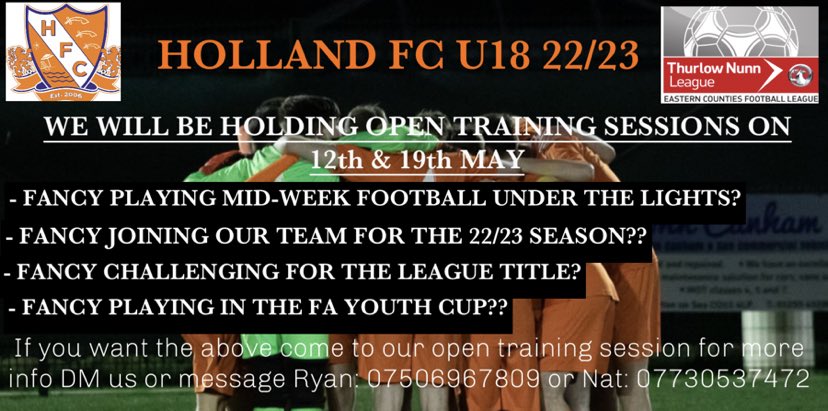 Mightyhfcu18s's tweet photo. 🟠⚪️OPEN TRAINING SESSION🟠⚪️

Reminder this Thursday 630pm at Holland FC. 

Very clear pathway into our 1st and reserve team. 

With 5 U18s making there debut within the 1st team this season, and many more playing in the reserves week in week out.

COME AND JOIN A GREAT TEAM https://t.co/N3hTsY4IHJ