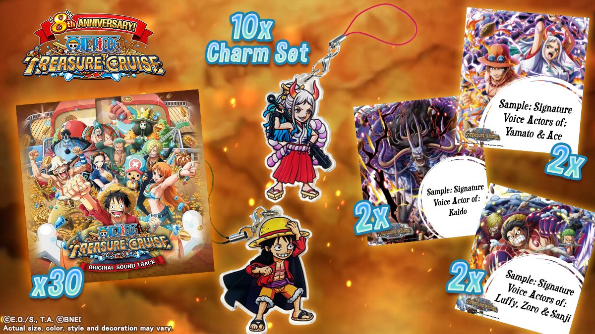 ONE_PIECE_TC's tweet image. Players from Germany, France and the United States could win the following physical prizes:

• 30x Soundtrack CD
• 10x Charm set Yamato &amp;amp; Luffy
• 6x VA Signatures (see Image)

Read the T&amp;amp;C for the full conditions here:
bit.ly/3FITCH7

#OPTC8th (2/2)